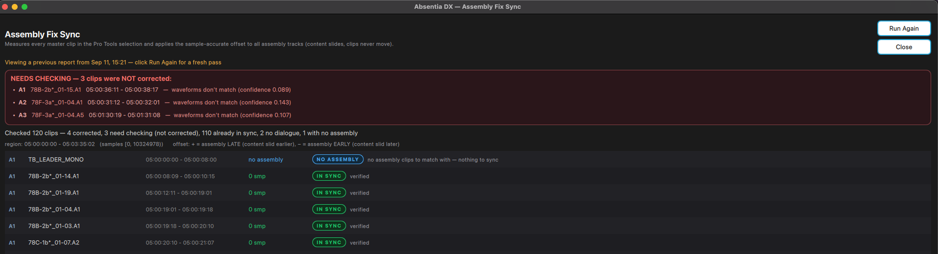 Assembly Fix Sync report window