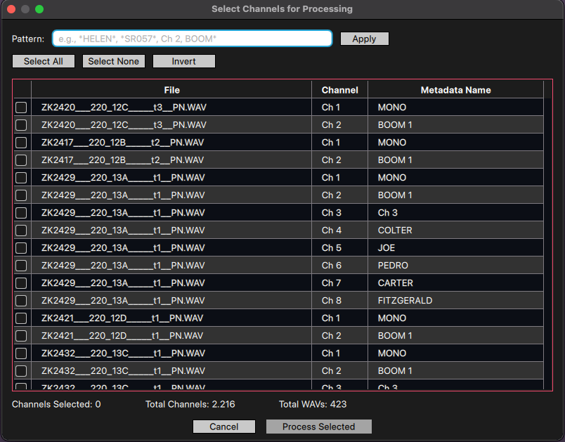 Select Channels for Processing — pattern matching by metadata name